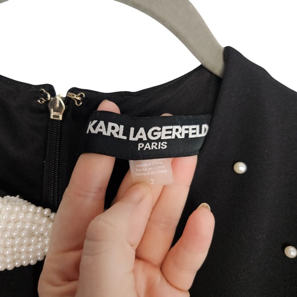 Karl Lagerfeld Scuba Crepe Sheath  Dress Pearls NWT Black Size 2 Old Money - Picture 4 of 8